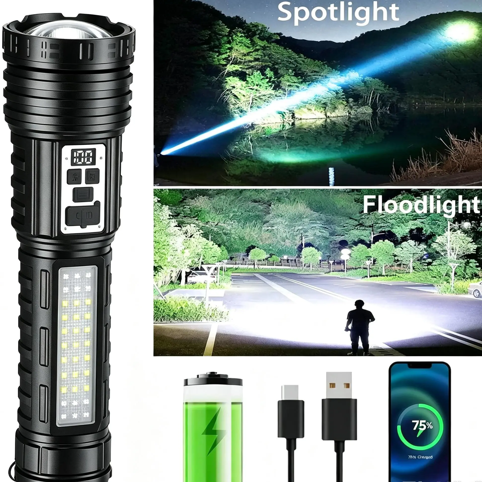 2-in-1 Strong Flashlight (Power Bank), Digital display ofpower, Rechargeable, Zoomable,, X4Waterproof,Adjustable Brightness Flash Light for Outdoor, Emergency,Camping Accessories, Black BackToSchool outdoorfun portable car use