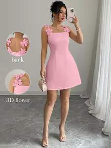 Women's Elegant Summer Dress, Sleeveless Mini Dress with 3D Flower Design, Casual Slim Fit Short Skirt for Everyday Daily Wear & Special Occasions, Womenswear Piece