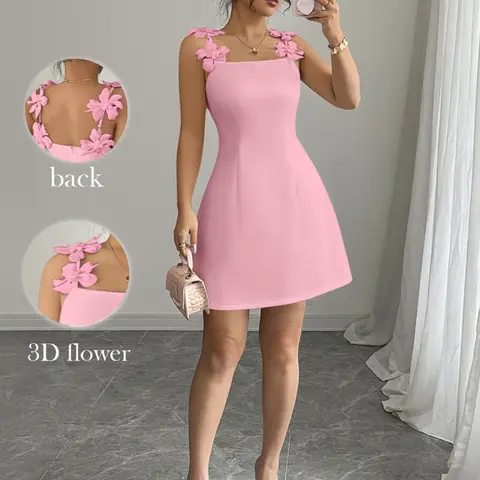 Women's Elegant Summer Dress, Sleeveless Mini Dress with 3D Flower Design, Casual Slim Fit Short Skirt for Everyday Daily Wear & Special Occasions, Casual Chic Dress, Womenswear Piece