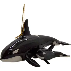 Orca Whale with a Baby Whale Christmas Ornament Nautical Theme Holiday Décor 2 1/2 Inches Tall