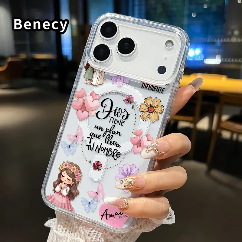 Magnetic Phone Case for iPhone 17/16 Pro Max Plus/15/14/13/12/11/Air, Divine Love Whispers Pattern, Non-Yellowing Shockproof Durable Soft Silicone Transparent Acrylic Casing, Large Hole Cover with Protection, Wireless Charging-Supporting Phone Accessory