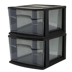 Homz Plastic 1 Drawer Medium Storage Cart, Black Frame with Smoke Drawer, 2 Pack