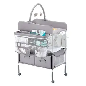 VEVOR Baby Changing Table, Foldable Diaper Change Station with 2 Fabric Drawers, Side Basket Hanging Rod, Adjustable Height Portable Changing Table with Lockable Wheels 2 Star Toys, Light Gray