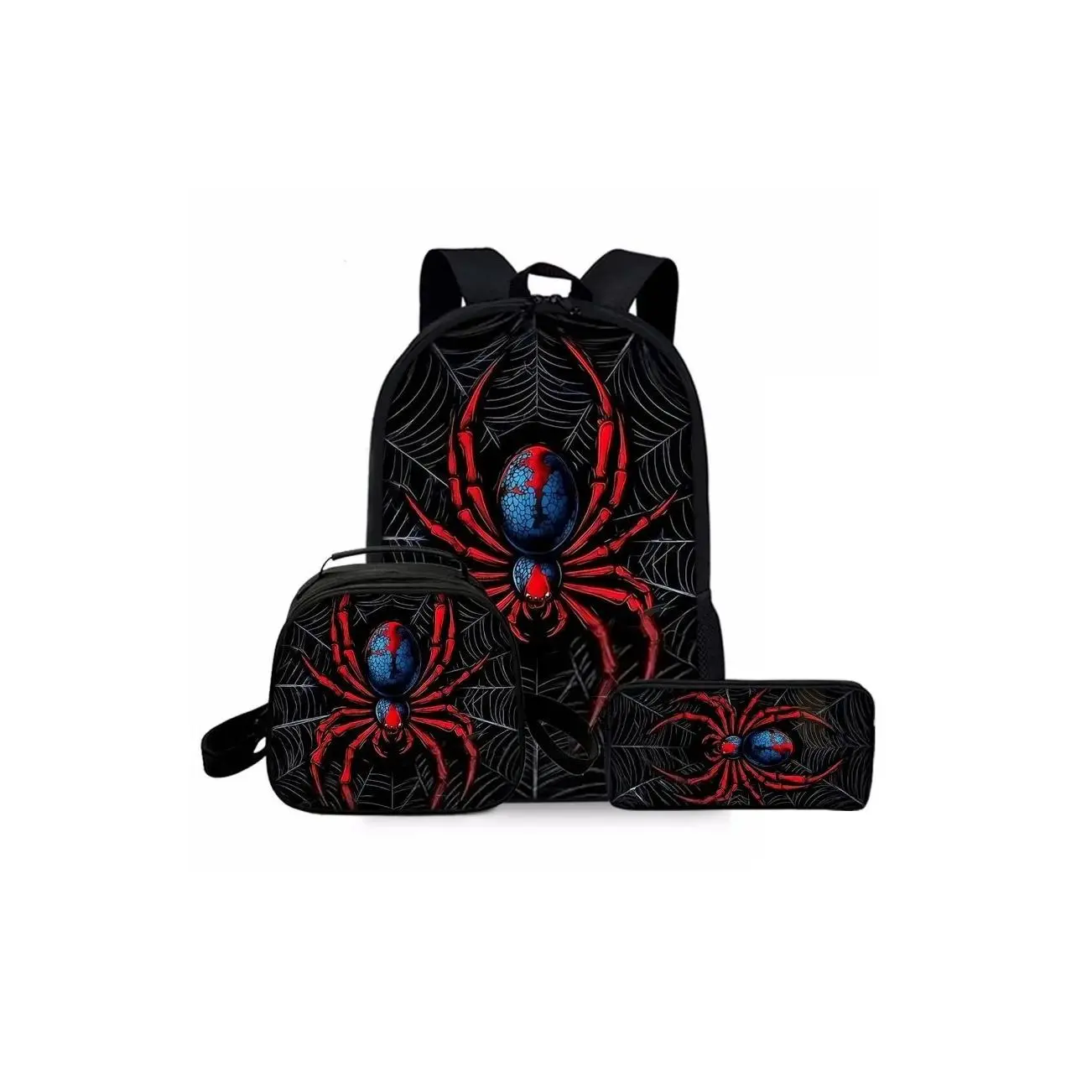 Back to School 17" Spider Hero Pattern Backpack Set 3-Piece Graphic School Daypack Shoulder Lunch Bag Pen Pouch Kids Gift
