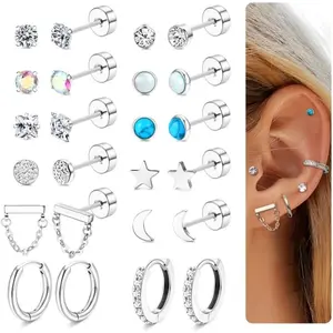 YADOCA 12 Pairs Flat Back Earrings for Women Conch Helix Cartilage Hoop Earrings Stainless Steel Earrings Set for Multiple Piercing 18K Gold Plated Opal Ball CZ Flat Back Stud Earrings