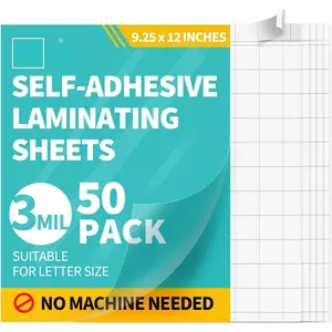 50 Pack Self-Adhesive Laminating Sheets, 9.25 x 12 Inches Laminating Sheets for Letter Size, 3 Mil Thick, No Heat, No Machine Needed, Clear, Glossy Finish, School Office Supplies