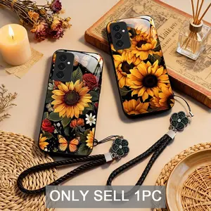 Phone case, Protector: A Tempered Glass Protective Phone Case with Lanyard Featuring Vibrant Sunflower Floral Pattern, Suitable for Galaxy S25 Ultra S25+ S24 FE S23 Ultra S22+ Cover, A Unique Gift Suitable for Boyfriend, Girlfriend, Or Family Members