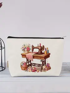 Vintage Sewing Machine Pattern Makeup Bag, Casual Versatile Zipper Makeup Bag, Fashionable Cosmetic Storage Bag for Travel, Business, Fitness