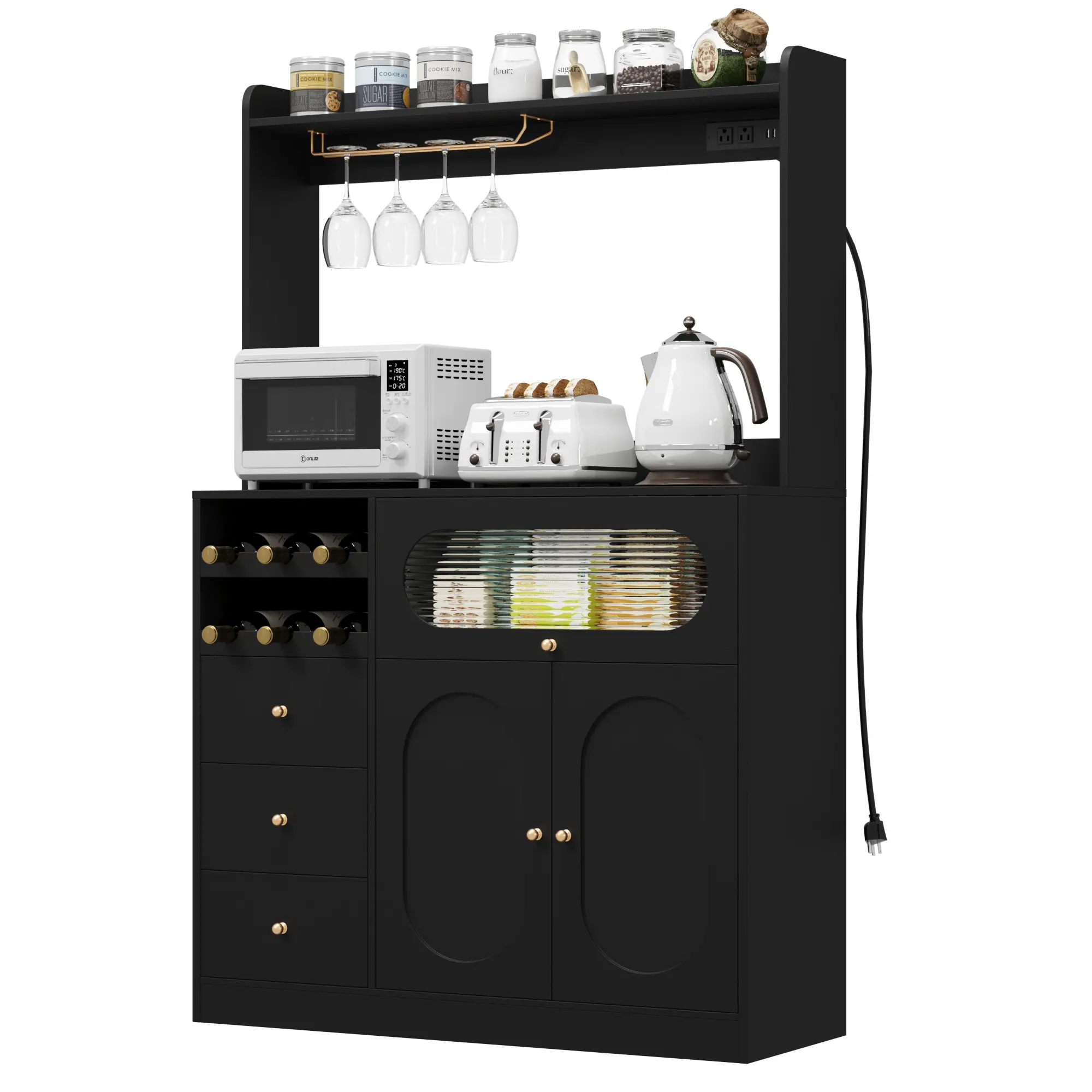 Kitchen Pantry Storage Cabinet with Hutch, Buffet Sideboard with Storage, Coffee Bar Cabinet with Power Outlets, Microwave Stand, Wine Racks, Kitchen Cupboard for Dining & Living Room, Black