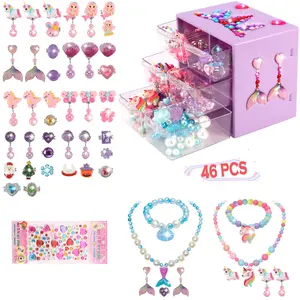 Mermaid & Unicorn Themed Jewelry Box, 46pcs/set Including Necklace, Ring, Earrings, Pretend Play Toy for Girls, Beaded Bracelet Set