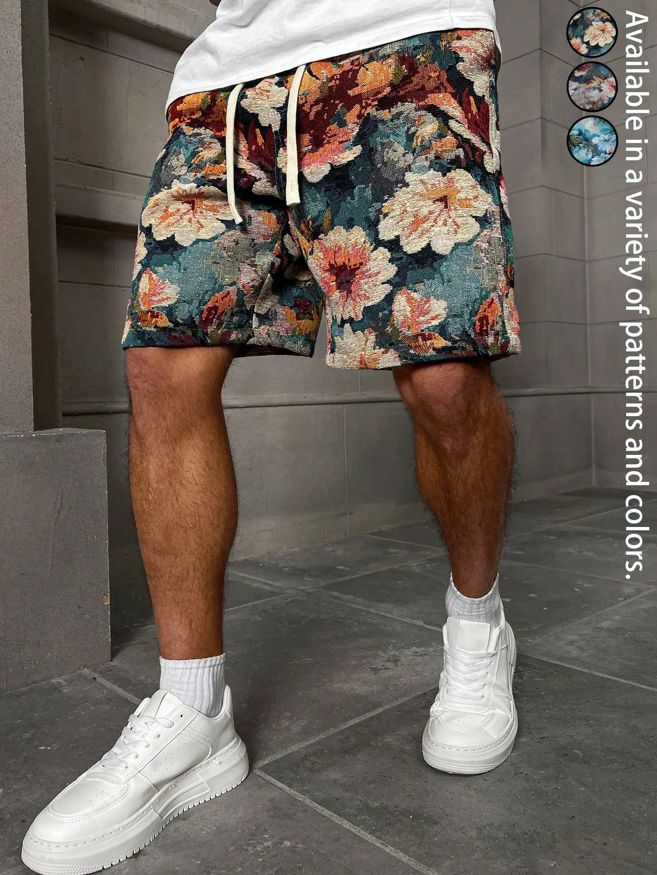 Men's Floral Tapestry Shorts, Jacquard Woven Drawstring Casual Summer Shorts, Vintage Pattern Streetwear Lounge Shorts, Loose Fit Vacation Beach Shorts, Lightweight Above Knee Festival Shorts, Men's Fashion Graphic Shorts for Daily Wear, Casual Summer Fit