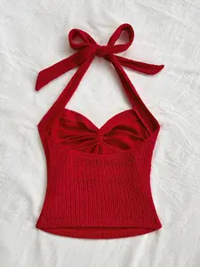 Women's Red Twist Halter Crop Top, Tie Up Fitted Camisole Summer Vacation Party Boho Rave Outfit