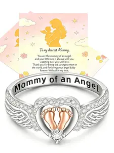 Mommy of an Angel Ring, Angel Wings Baby Footprint Heart Ring, Heart Cluster Ring, Memorial Jewelry for Loss of Baby, Sympathy Gift for Mothers, Heartfelt Tribute