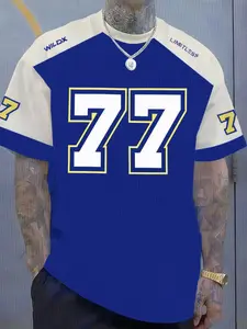 Men's 77 graphic letter color block print short-sleeved T-shirt, summer casual fashion outdoor sports breathable crew neck top for everyday wear, Athletic Workout Clothing