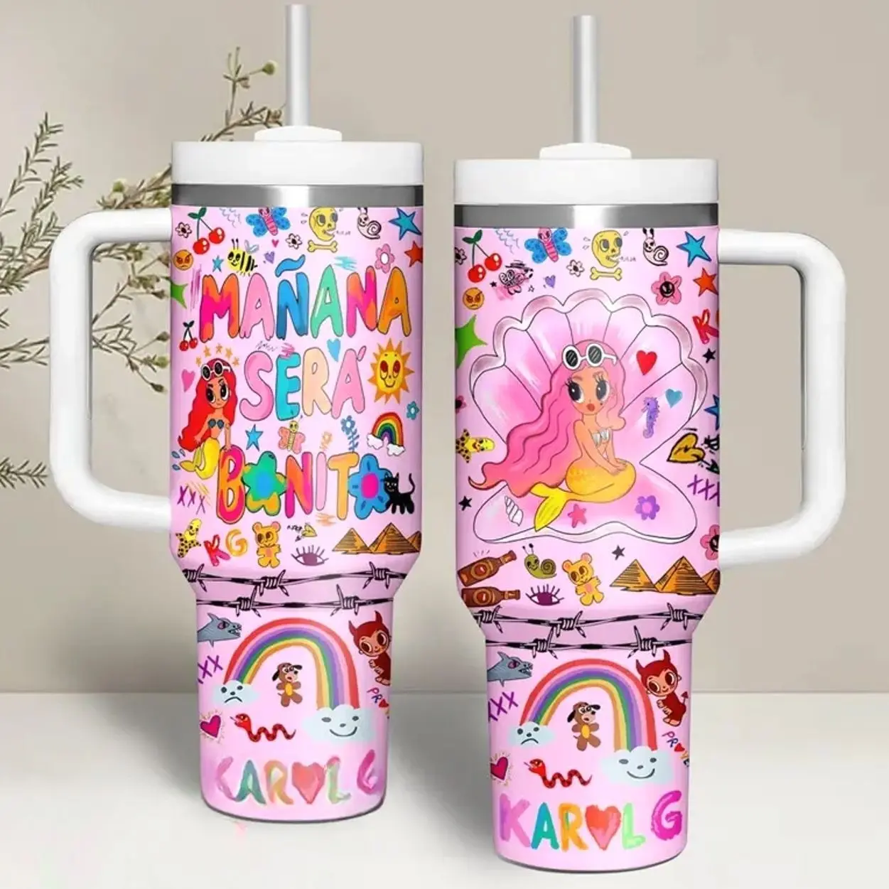 Mermaid 20oz, 30oz & 40oz Tumbler with Handle, Cute Pink Ocean Princess Stainless Steel Travel Mug, Insulated Vacuum Cup with Straw, Leakproof Water Bottle, Mermaid Lover Gift