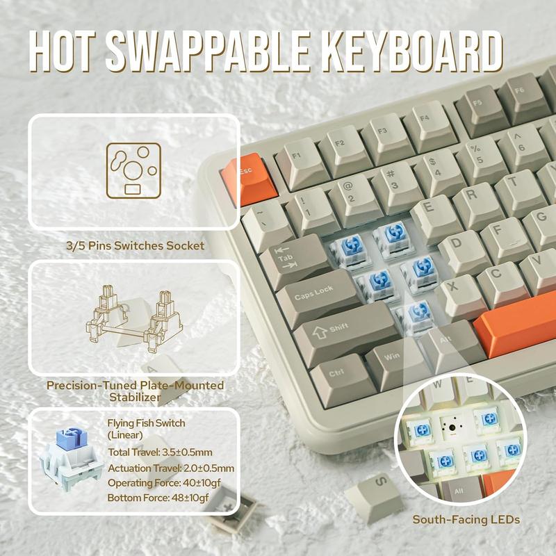 AJAZZ AK820 MAX Tri-Mode Mechanical Keyboard 2.4G Wireless Bluetooth USB-C 75% 82Key Compact Layout 8000mAh Battery Hot-Swappable Gasket Mount PBT Keycaps RGB Backlit Metal Knob Boyfriend Gift Fish Switch Grey Gaming Keyboard  keyboard
