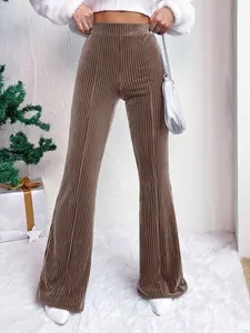 A pair of high-waisted, solid-colored corduroy flared pants for women, which are slimming, casual and versatile, Casual Streetwear Trousers