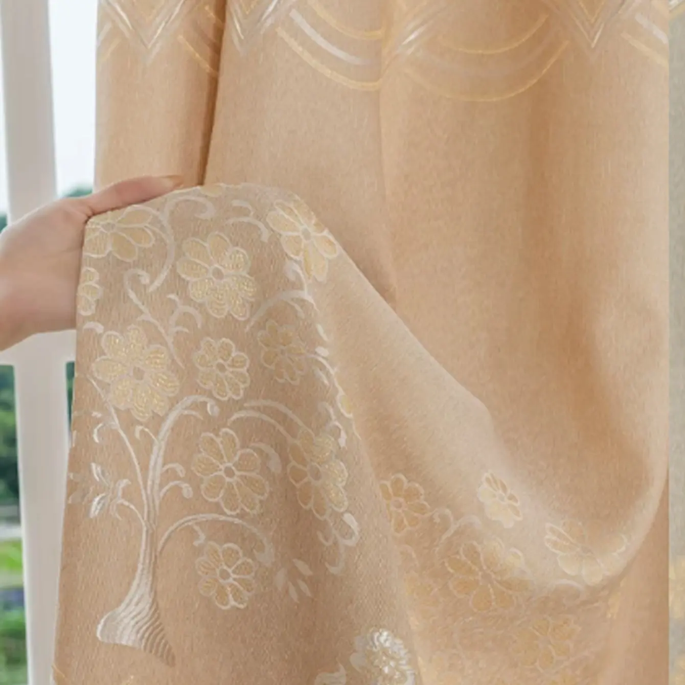 1pc Creamy Champagne Color Curtains, Elegant Jacquard Craftsmanship, Insulated Sunscreen, Cozy Atmosphere, Bedroom Balcony Living Room
