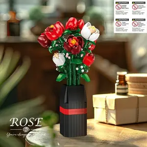 Roses Flowers Bouquet Building Set for Adults with Vase, Red Rose Artificial Flower Botanical Collection Plant Toy Kit, for Her Women Wife Mom, Home Decor(761PCS) valentines day，valentines，flower bouquet kit，diy flower bouquet kit