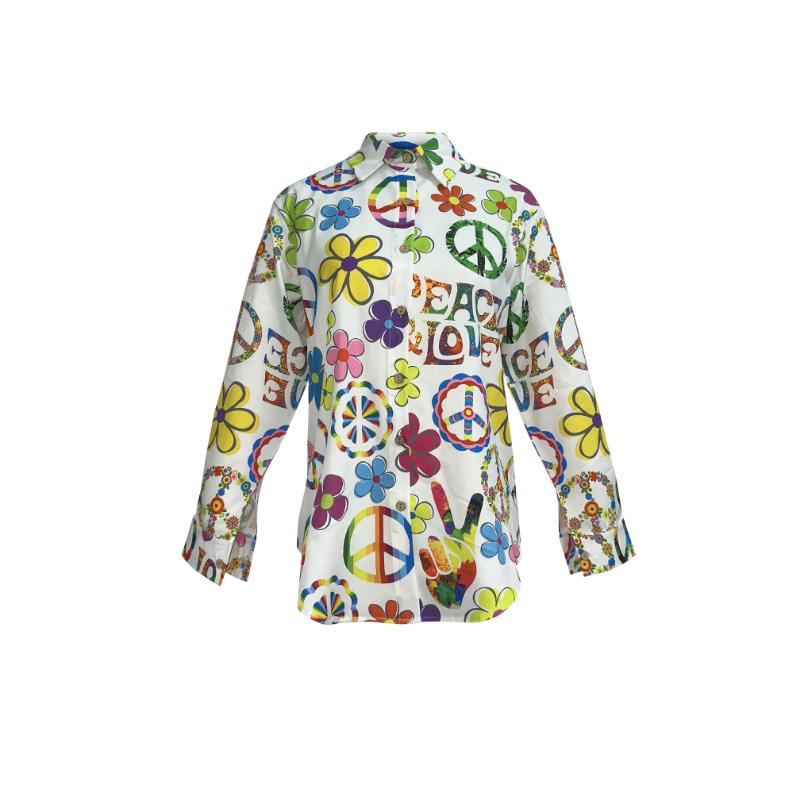 Women's Hippie Floral Print Peace Love Print Long Sleeve Shirt - Casual Button-Up with Vibrant Flower Design, Machine Washable, All-Season Wear, Casual Wear | Peace Symbol Design | Silklike Texture Women's