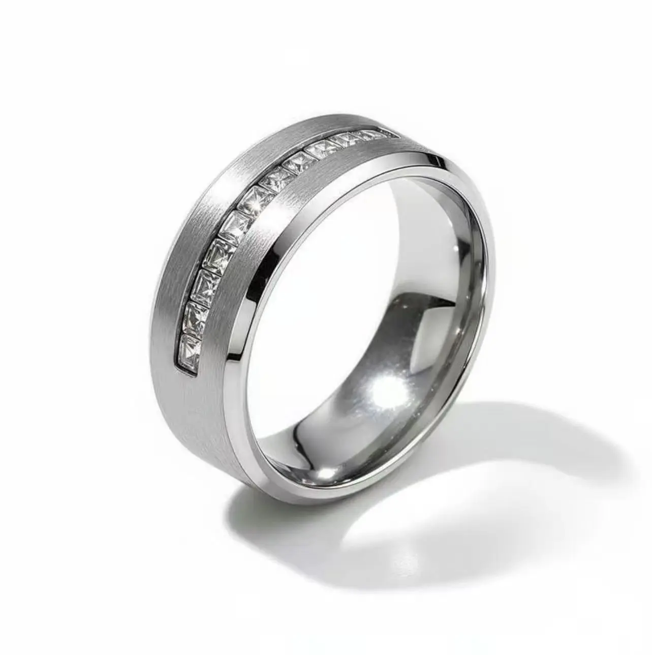 6mm & 8mm Titanium Beveled Diamond Engagement Ring, Stainless Steel Band with 9 Princess Cut Diamonds, Luxury Smooth Gift for Boyfriend (Sizes #9-12), Engagement Rings, Promise Ring