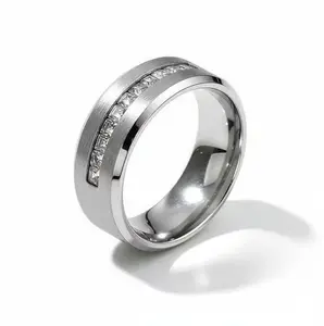 6mm & 8mm Titanium Beveled Diamond Ring The Perfect Boyfriend Gift Couple's Gift Stainless Steel Wedding Band Featuring 9 Princess Cut Diamonds Smooth Luxury Groom's Ring#9-12