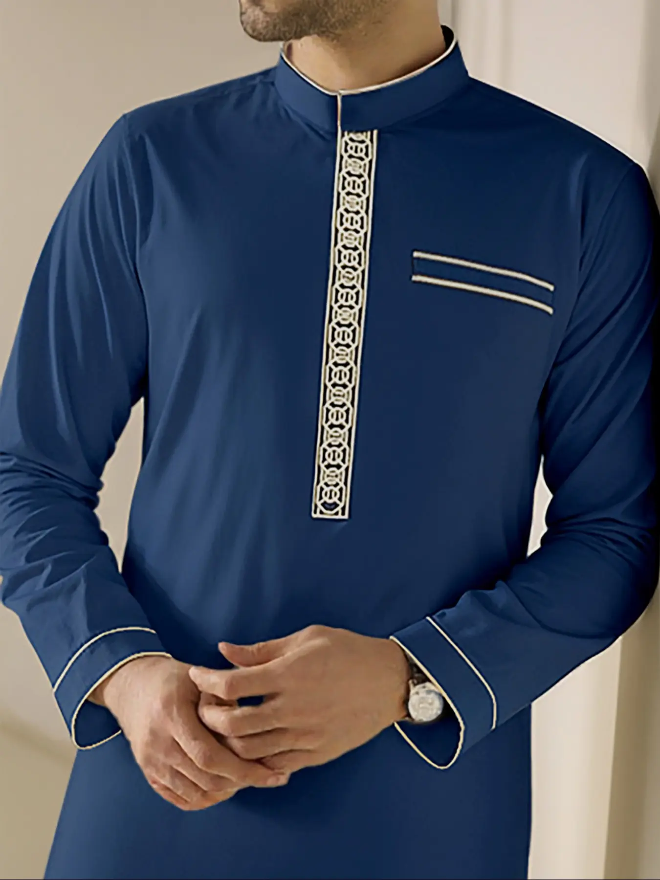 Men's Authentic Saudi Thobe with Gold Embroidery and Stand Collar, Classic Arabic Muslim Robe for Ramadan and Eid, Islamic Thobe