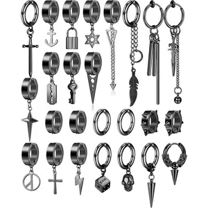 YADOCA 25 Pcs Clip on Earrings for Men Stainless Steel Cross Chain Dangle Earrings Black Fake Earrings for Men Women Non Pierced Huggie Hoop Earrings Set