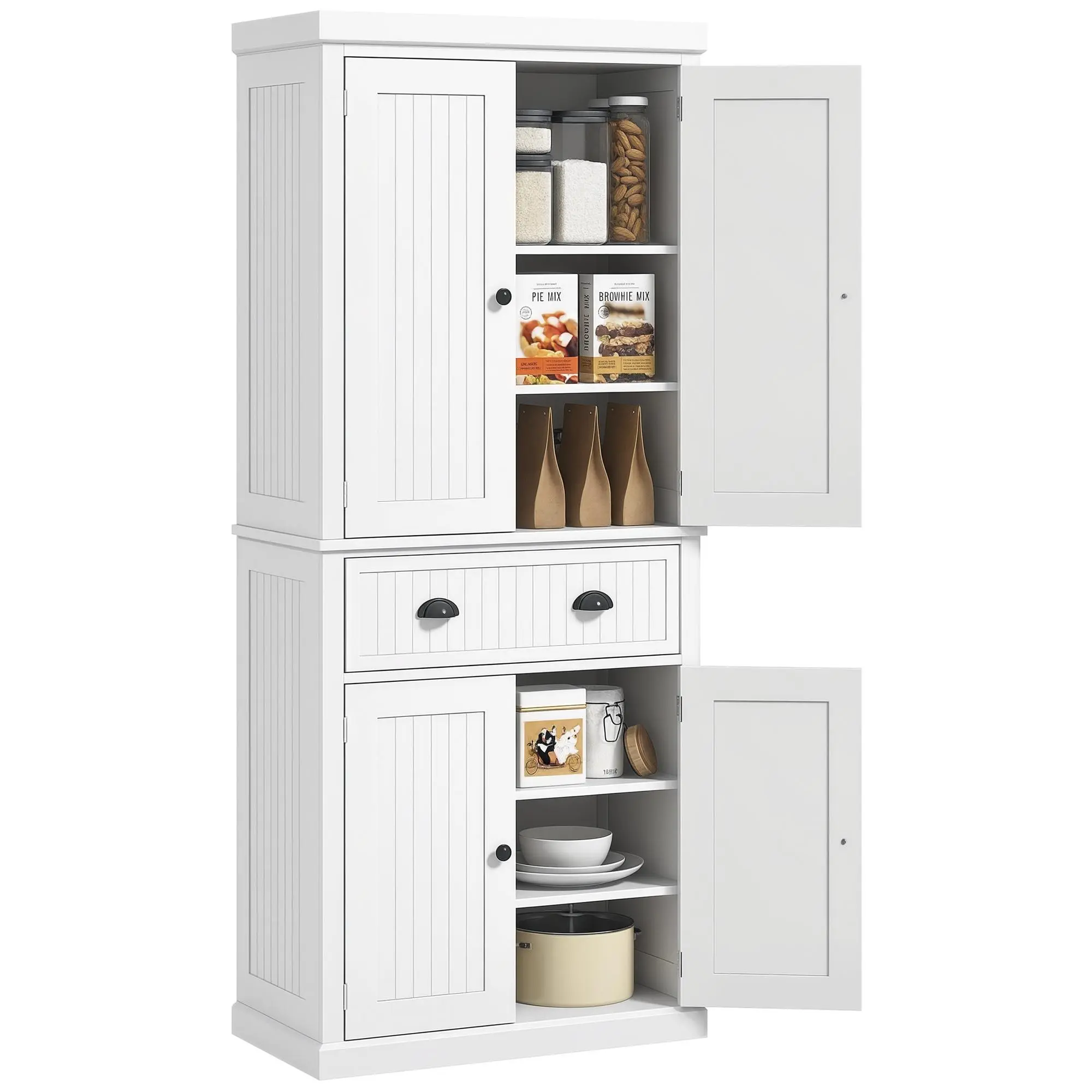 72" Freestanding Classic Wood Beadboard Composite Cabinet - 1 Fixed Top & 3 Lower Shelves, Wood Beadboard Classic Composite Cabinet for Dining Room Display Alcove Use, Wood Cabinets, Adjustable Shelves Cabinets