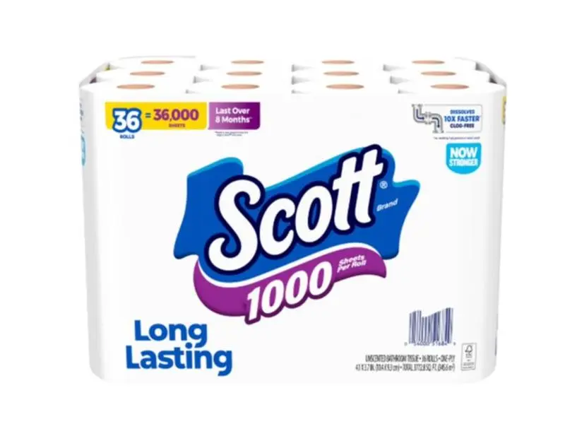 Scott 1000 Toilet Paper, 36 Rolls, 1000 Sheets Per Roll Wipes