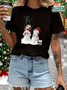Women's Black Christmas T-Shirt - Cute Snowman Print with Red Hats, Lightweight Crew Neck Top for Holiday Parties, Everyday Winter Outfits - Machine Washable Casual Tee