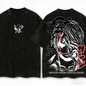 Mens Womens Black Washed One Piece Sanji Straw Hat Pirate Retro Distressed Washed Bounty Graphic Tee Short Sleeve Crewneck Cotton Top for Gothic Pirate Streetwear Enthusiasts and Daily Casual Wear
