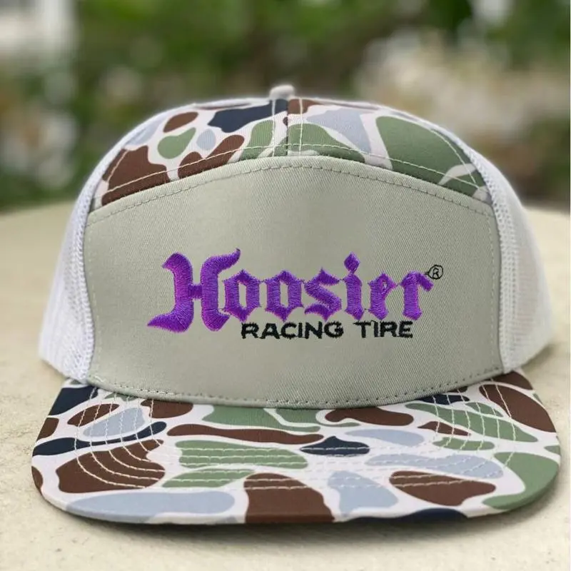 Hoosier Racing Tire Trucker Hat, Embroidered Mesh Snapback Cap, Flat Bill Camo Baseball Hat, Motorsport Inspired Adjustable Trucker Cap