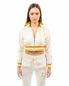Women's Velour Cropped Jacket with Crest Embroidery - Cream/Gold