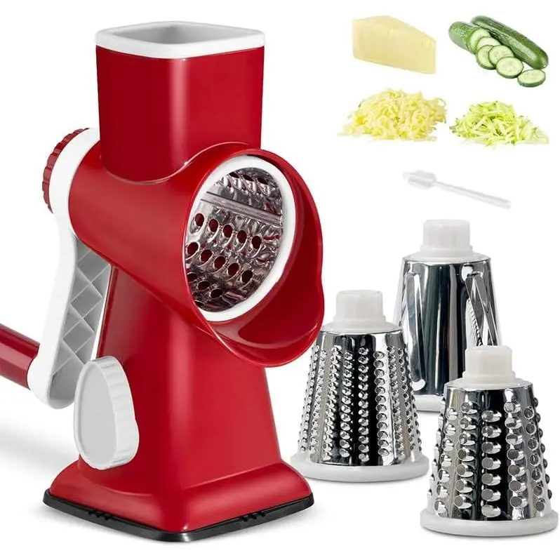 Cheese Grater Hand Crank Rotary Vegetables Shredder with Handle, 3-in-1 Graters with Interchangeable  and  Suction Base Multifunctional Slicer for Kitchen