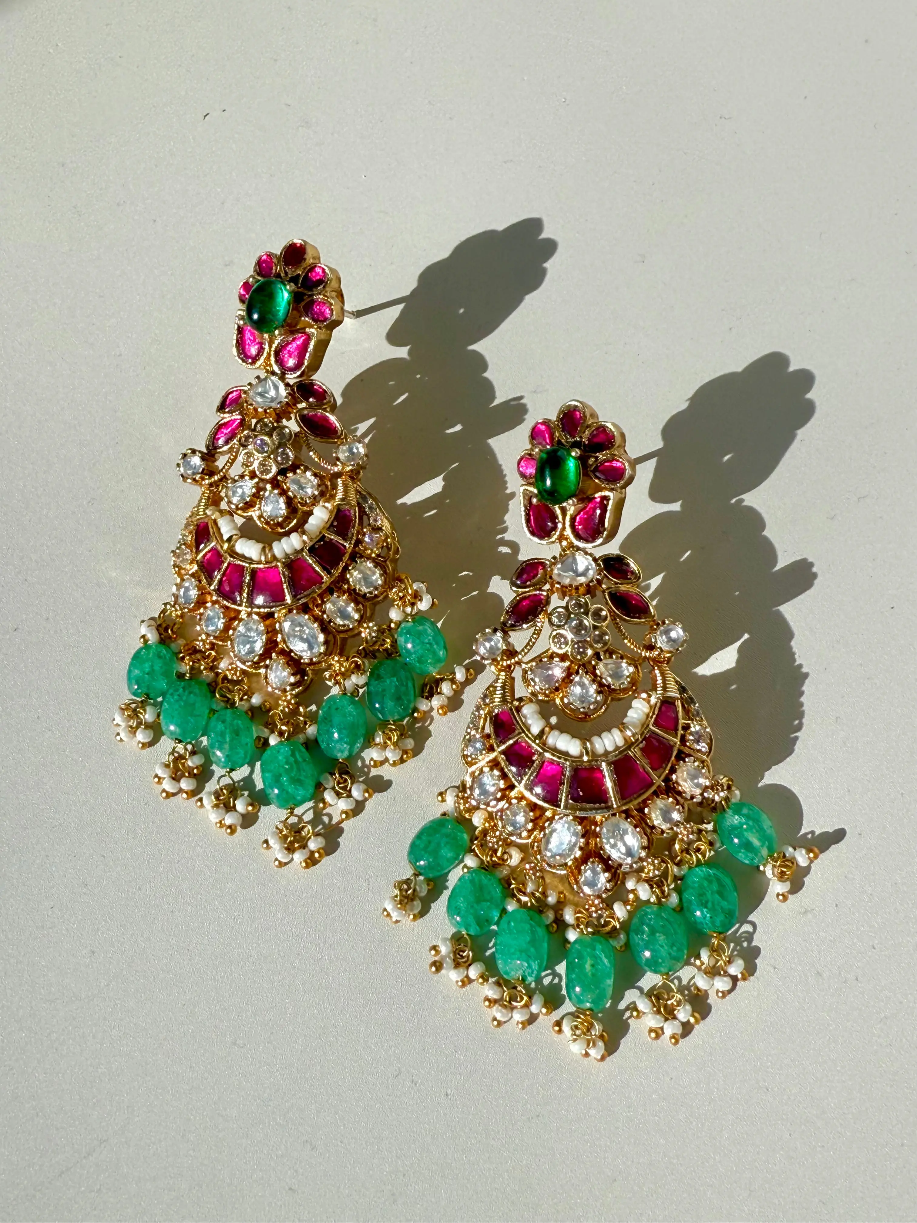 22k Gold Plated Jadau Earrings w Semi Precious Stone Beads