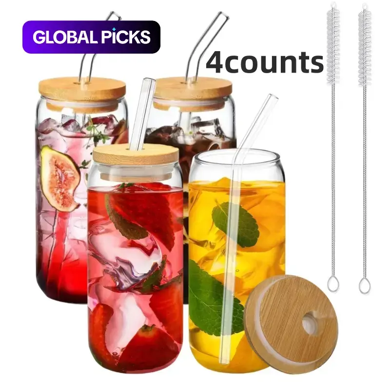 Glass Cup Set with Lids, Straws and Cleaning Brushes, 16 oz Clear Can-Shaped Drinking Glasses for Iced Coffee, Juice, Milk Tea and Beer, Party Glass Set and Birthday Gift Idea #GLOBAL PICKS