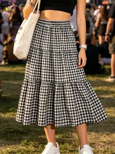 Cute Plaid Print Layered Dress for Women, Lady Womenswear Bottom, High Waist Elastic Waistband, Flowy Frill Midi Skirt, Casual Loose-Fitting All Seasons