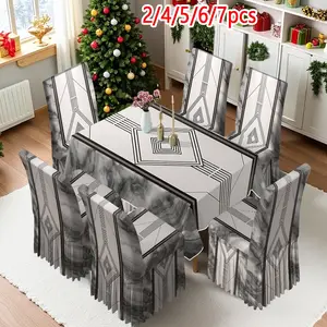 2/4/6/5/7 pieces of fashionable and high-end chair cover and tablecloth sets, thickened chair cover and tablecloth sets (1 tablecloth + 4 chair covers or 1 tablecloth + 6 chair covers), easy to care for, reusable, for home decoration