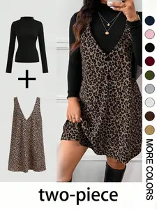 Women's Vintage Leopard Print Dress & Plain Top Two-Piece Set, Autumn Winter Outfit for Shopping & Dates