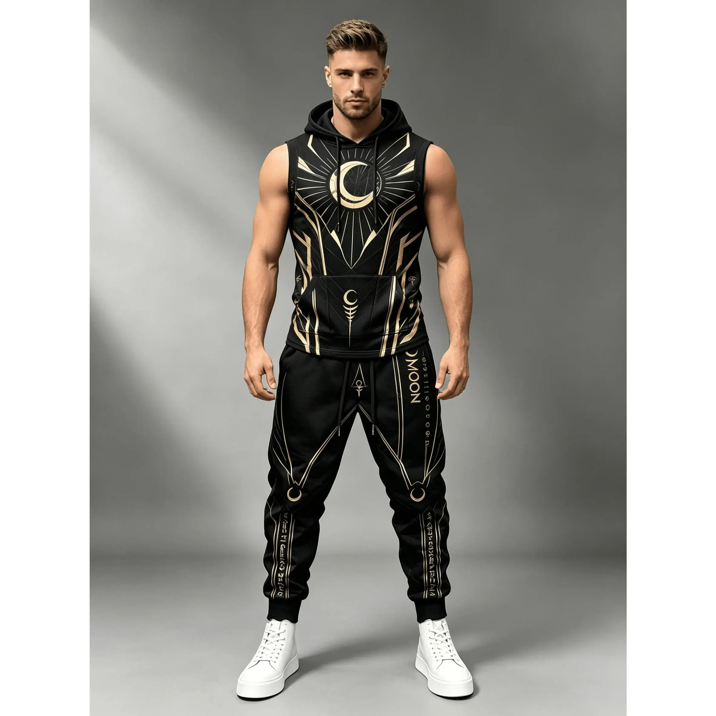 New Men's White Gold Moon Symbol 2-piece Set, Sleeveless Hoodie, Sweatpants Set, Luxury Street Style, Sportswear, Summer Casual Sportswear mens outfit wear fitness Athleisure Activewear Set