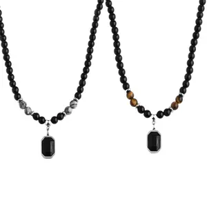 Men's Black Natural Tiger Eye Necklace with Square Pendant 45cm Adjustable Beaded Chain for Special Occasions & Everyday Wear