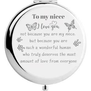 To My Niece Gifts Makeup Mirror Butterfly Travel Compact Pocket Mirror Two-Sided Folding Gift from Aunt and Uncle for Women Girls Graduation Birthday Wedding Christmas Ideas Gift Silver