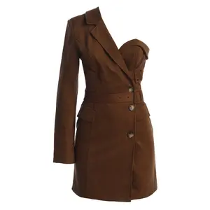 Chocolate One Shoulder Suede Blazer Dress