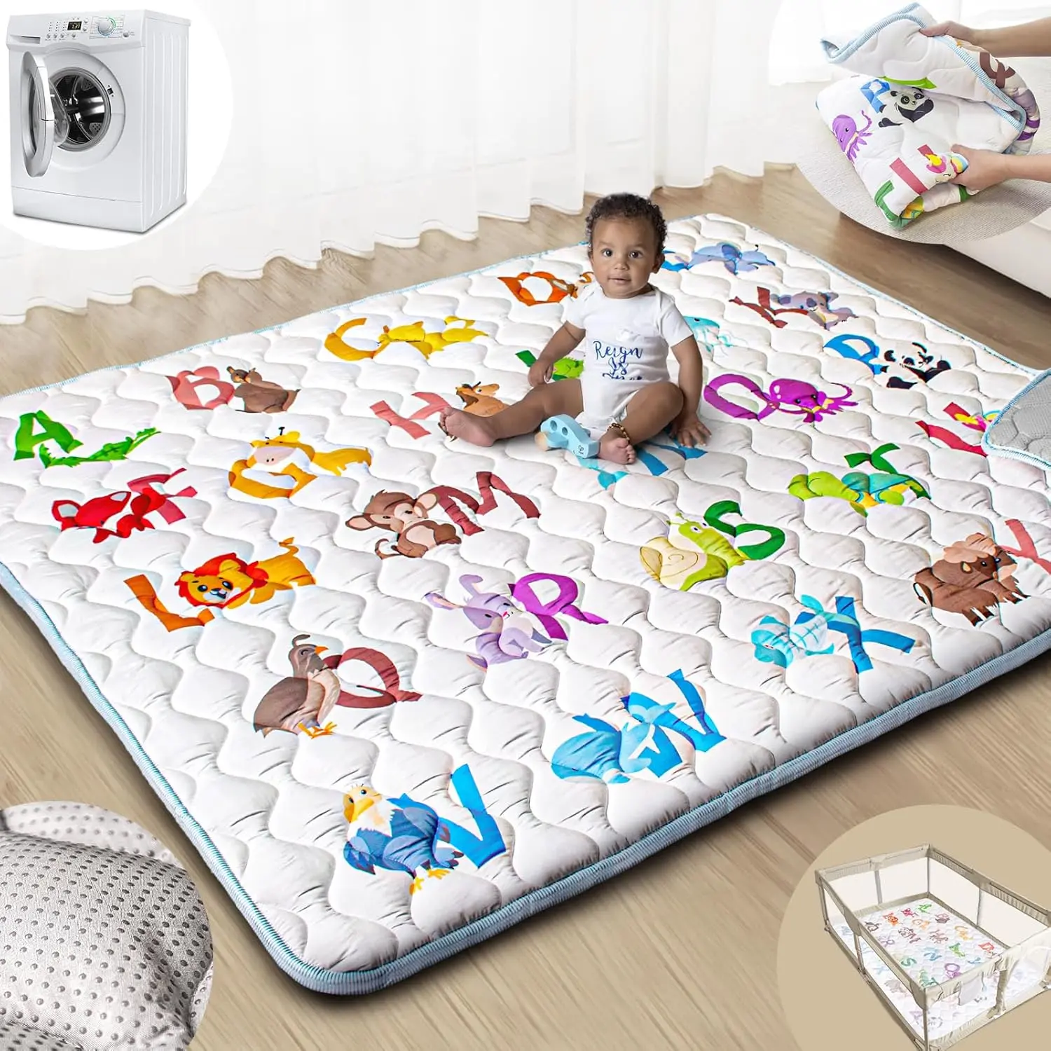 Baby Play Mats  Floor, 71"x59" Upgraded Thickness & Larger Super Soft Playmat  Babies and Toddlers, Foldable Washable, Upgrade Anti-Slip Crawling Mat  Playpen(Animal Alphabets)