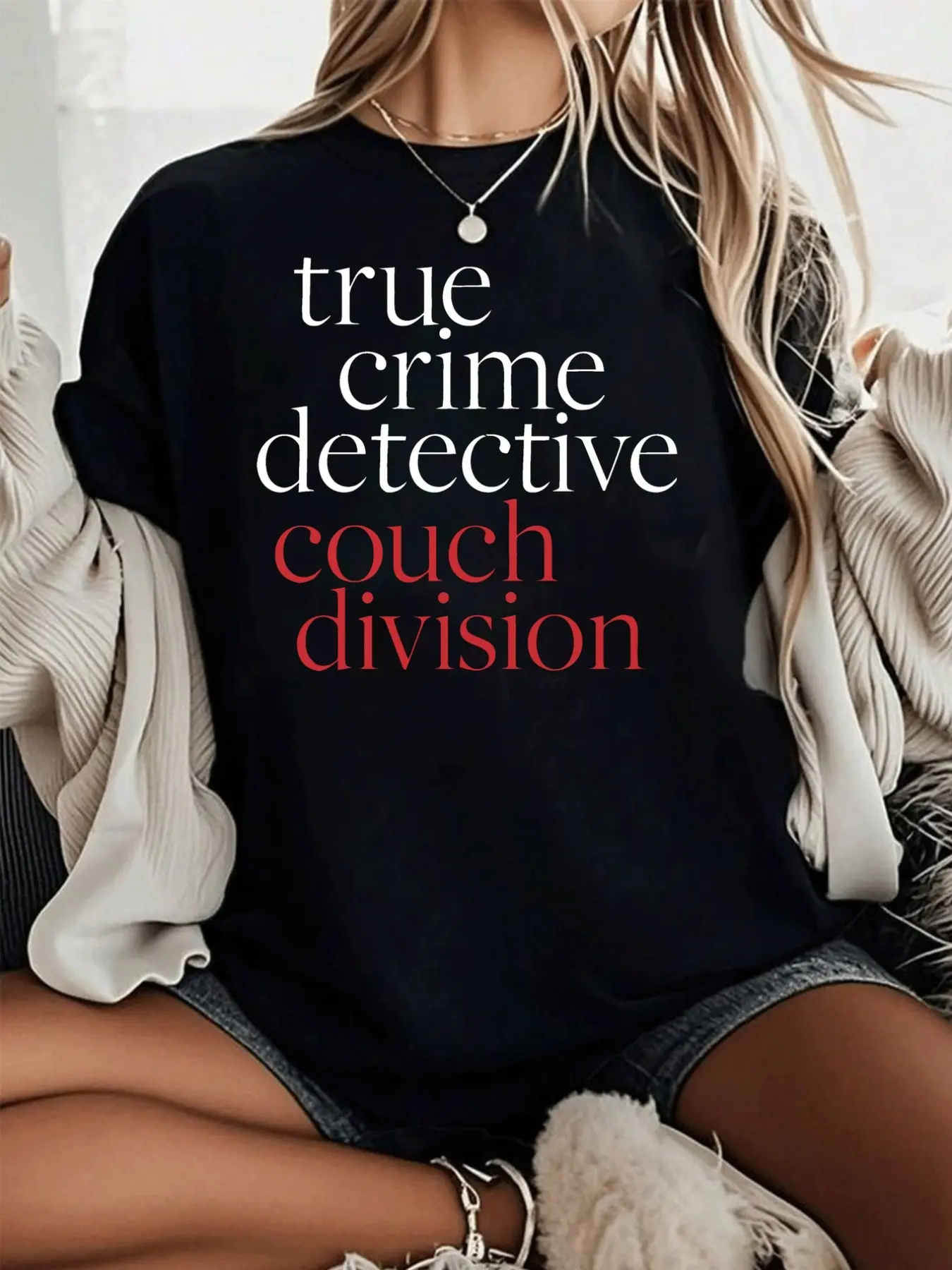 True Crime Lover Casual Short Sleeve Tee Minimal Letter Print Top Gift For Couples Crewneck Crewneck Unisex Womenswear Clear Printed T-Shirt T-Shirt