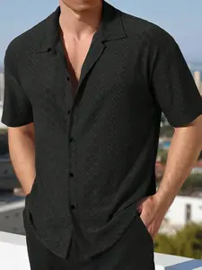 Men's Black Textured Short-Sleeve Button-Down Shirt - Menswear Top, Subtle Diamond Pattern, Ultra-Soft Breathable Fabric, Relaxed Fit, Versatile for Casual Daily, Café & Weekend Outfits (Can Be Worn Open as a Layering Piece or Buttoned Up)