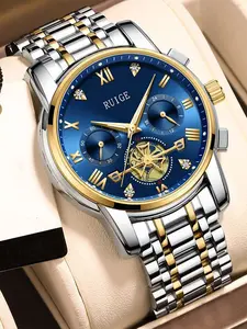 Ruige New Business Quartz Watch Stainless Steel Strap Luxury Trendy Exquisite Watch Moon Phase Multi-Function Display Men's Glow-In-The-Dark Gift Wristwatch