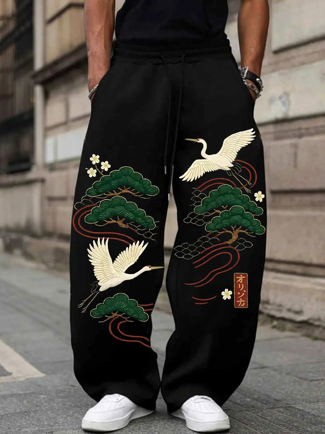 Men's Japanese Crane Pine Print Wide Leg Pants, Y2K Street Style Fashion Ukiyo-E Traditional Print, Breathable Cotton Long Pants