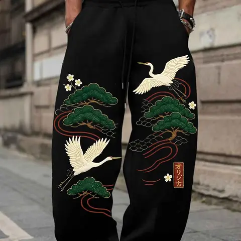 Men's Japanese Crane Pine Print Wide Leg Pants, Y2K Street Style Fashion Ukiyo-E Traditional Print, Breathable Cotton Long Pants